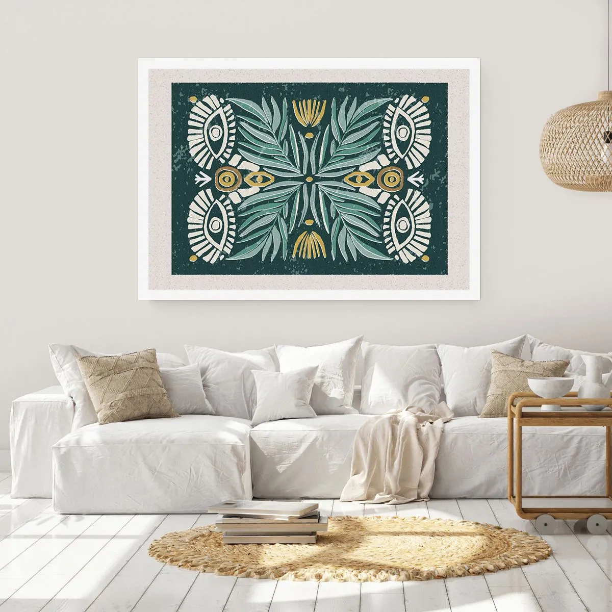 Plakat - Symetryczny wzór roślinny na zielonym tle - 100x70cm - Jak ludowa wycinanka - Nowoczesna dekoracja ścienna do salonu i sypialni ARTTOR