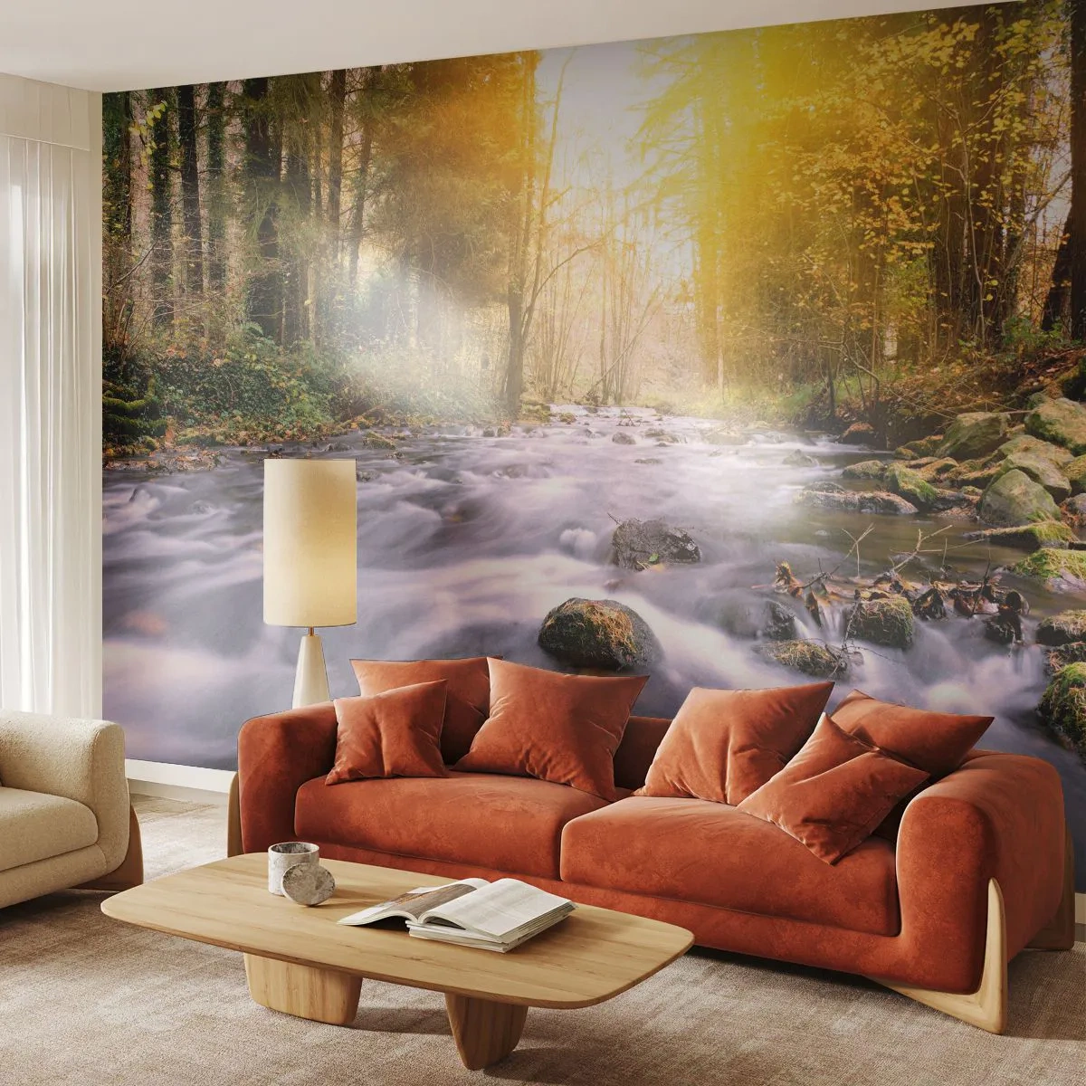 Fototapeta Premium Sand - Górski strumień wśród jesiennego lasu o zachodzie słońca - 100x70cm - Malachit w srebrno-złotej oprawie - Nowoczesna dekoracja ścienna do salonu, kuchni i sypialni ARTTOR