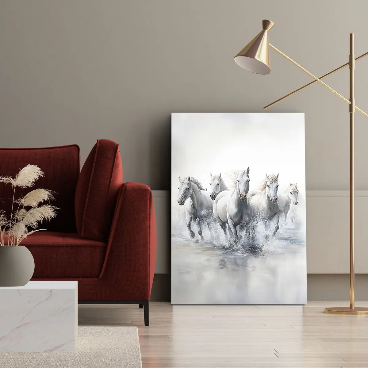 Obraz na płótnie - Białe konie galopujące przez wodę w dynamicznej kompozycji - 50x70cm - Biała magia - Nowoczesna dekoracja ścienna do salonu, kuchni i sypialni ARTTOR