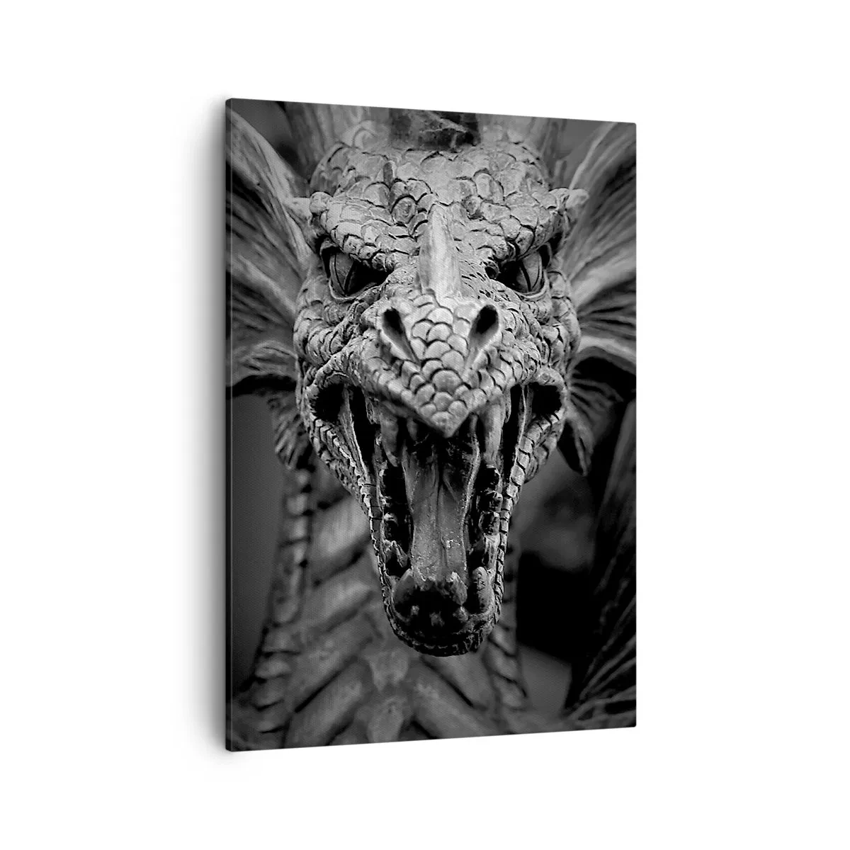 Obraz na płótnie - Czarno-biała głowa smoka w zbliżeniu - 50x70cm - Baśniowy smok w szarościach - Nowoczesna dekoracja ścienna do salonu, kuchni i sypialni ARTTOR