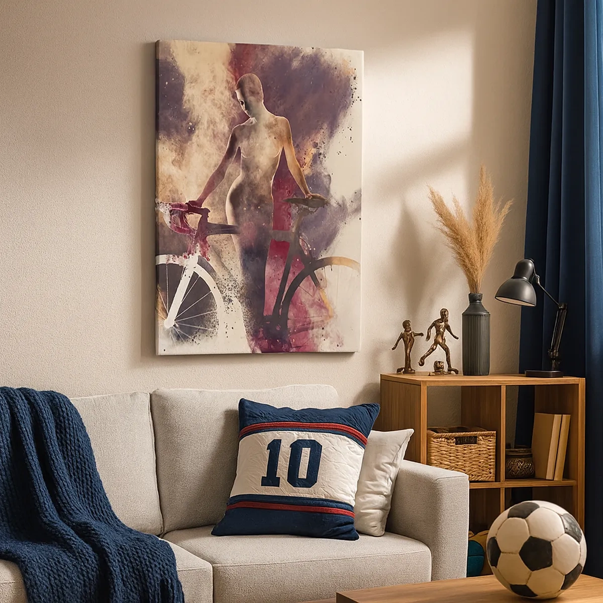 Obraz na płótnie - Postać kobiety z rowerem w abstrakcyjnej kompozycji - 50x70cm - W marmurowych kształtach rowerowa dusza - Nowoczesna dekoracja ścienna do salonu, kuchni i sypialni ARTTOR