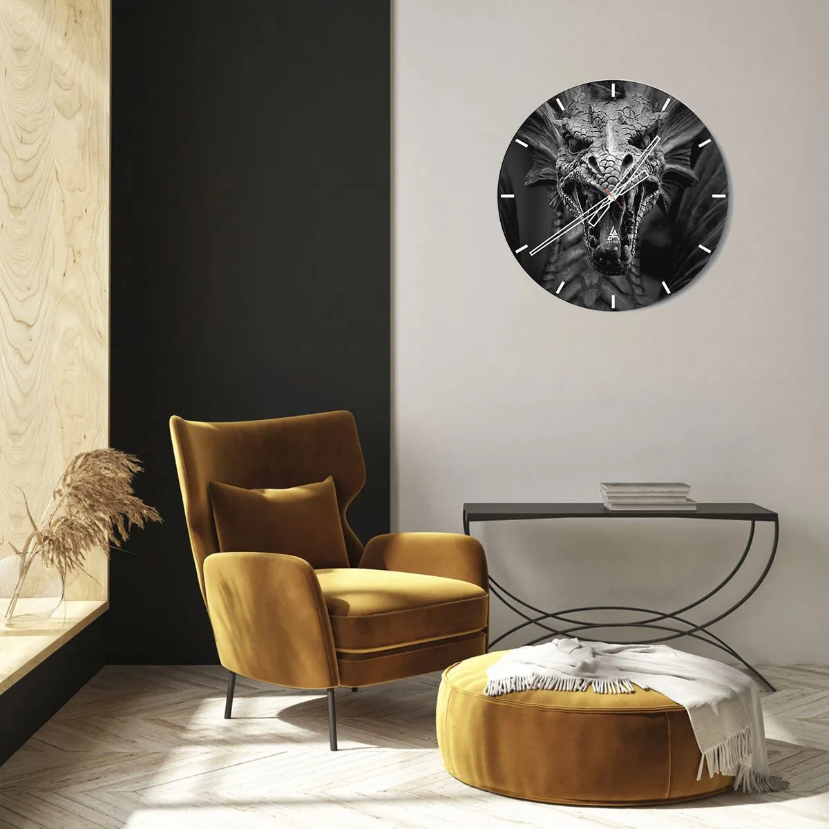 Zegar ścienny - Groźna głowa smoka w czarno-białej stylistyce - 30x30cm - Baśniowy smok w szarościach - Nowoczesna dekoracja ścienna do salonu, kuchni i sypialni ARTTOR