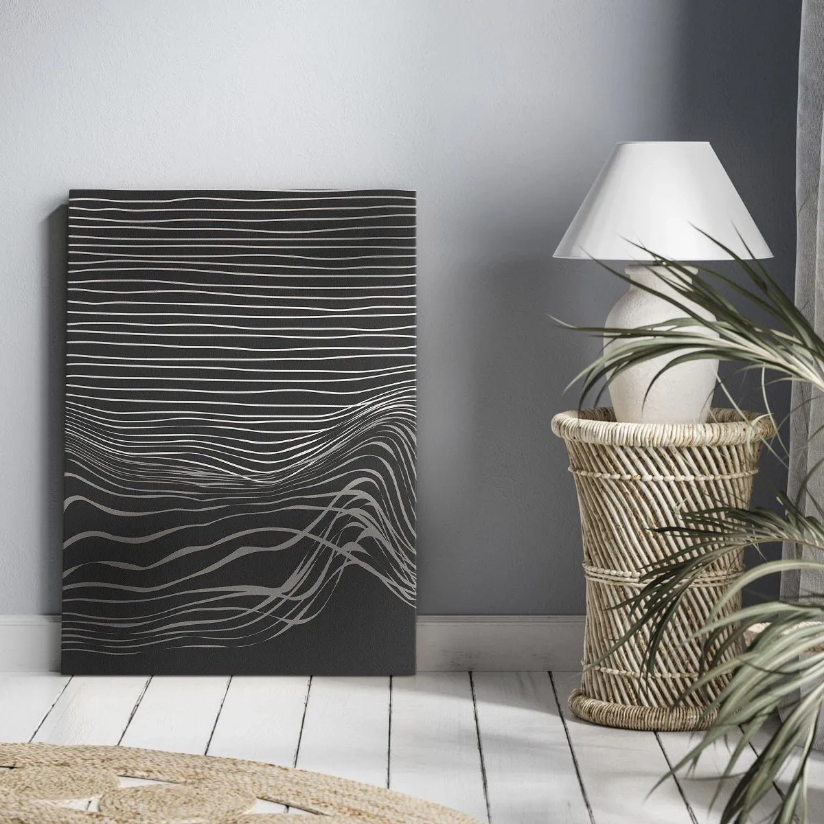 Obraz na płótnie - Białe linie na ciemnoszarym tle w abstrakcyjnym układzie - 70x100cm - Rytm i akcent - Nowoczesna dekoracja ścienna do salonu i sypialni ARTTOR