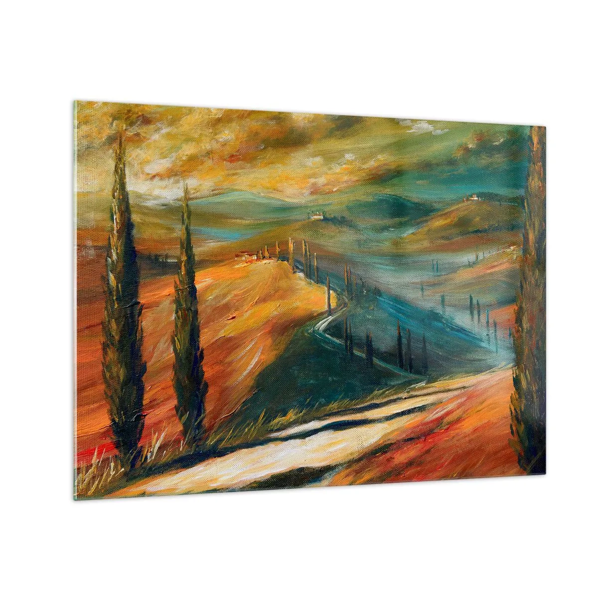 Obraz na szkle - Zachód słońca nad toskańskim wzgórzem - 70x50cm - Toskański pejzaż - Nowoczesna dekoracja ścienna do salonu i sypialni ARTTOR