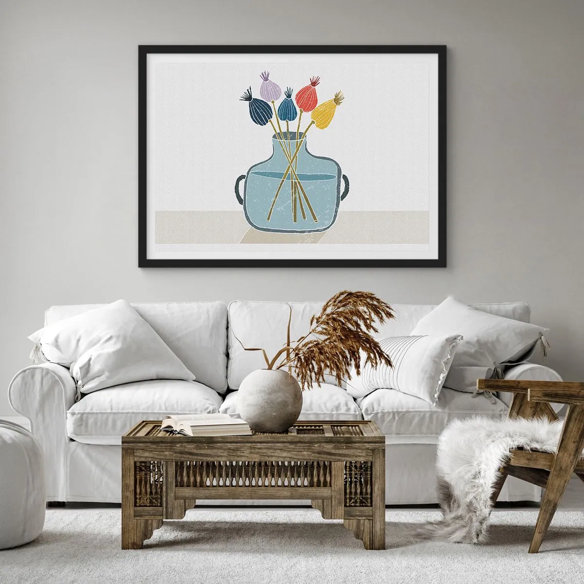 Plakat w czarnej ramie - Kolorowe suche kwiaty w wazonie na białym tle - 100x70cm - Jak makiem zasiał - Nowoczesna dekoracja ścienna do salonu i sypialni ARTTOR