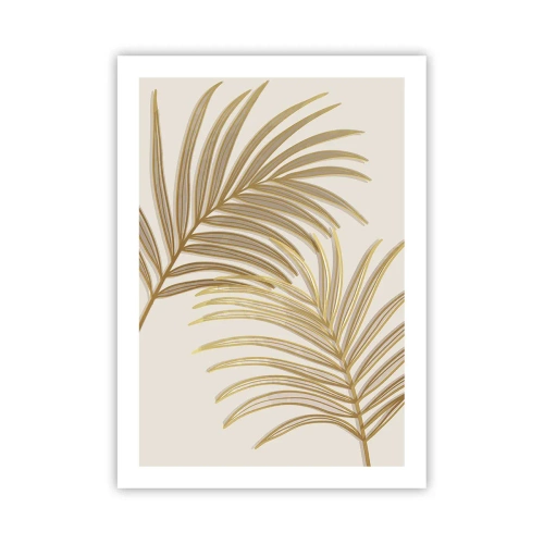 Plakat - Złote liście palmy w minimalistycznym stylu na jasnym tle - 50x70cm - Złota Palma! - Nowoczesna dekoracja ścienna do salonu, kuchni i sypialni ARTTOR
