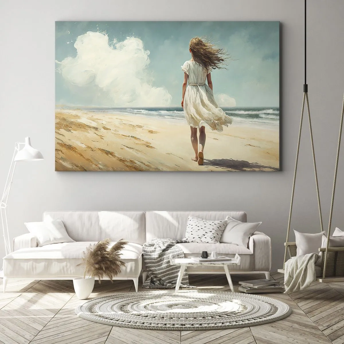 Obraz na płótnie - Kobieta w białej sukni spacerująca po plaży w słoneczny dzień - 70x50cm - Na spotkanie słońca i wiatru - Nowoczesna dekoracja ścienna do salonu i sypialni ARTTOR
