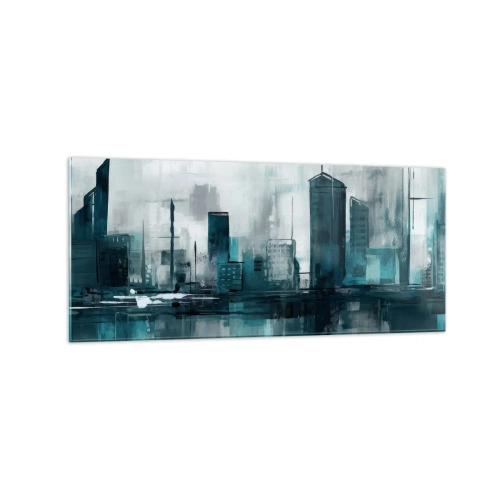 Obraz na szkle - Nowoczesne miasto w odcieniach turkusu i szarości - 120x50cm - Miasto w kolorze deszczu - Nowoczesna dekoracja ścienna do salonu i sypialni ARTTOR