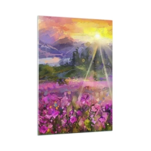 Obraz na szkle - Malownicza dolina pełna kwiatów oświetlona promieniami słońca - 50x70cm - W dolinie pod opieką słońca - Nowoczesna dekoracja ścienna do salonu, kuchni i sypialni ARTTOR