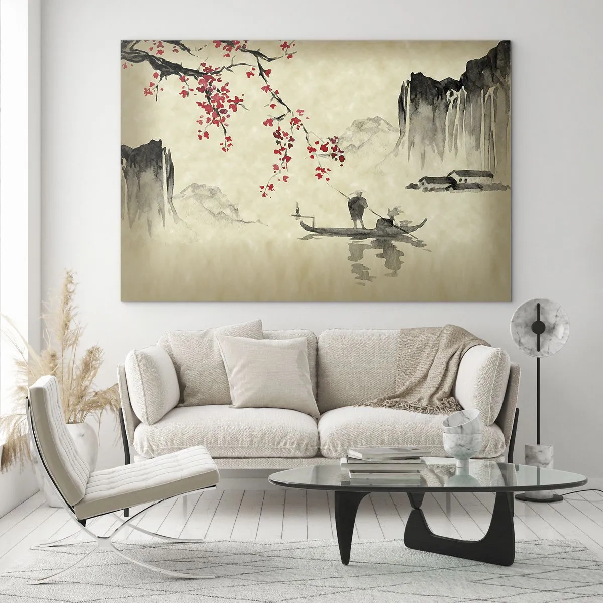 Obraz na szkle - Orientalna scena rybacka z gałęzią kwitnącej wiśni i górami - 70x50cm - W kraju kwitnącej wiśni - Nowoczesna dekoracja ścienna do salonu i sypialni ARTTOR