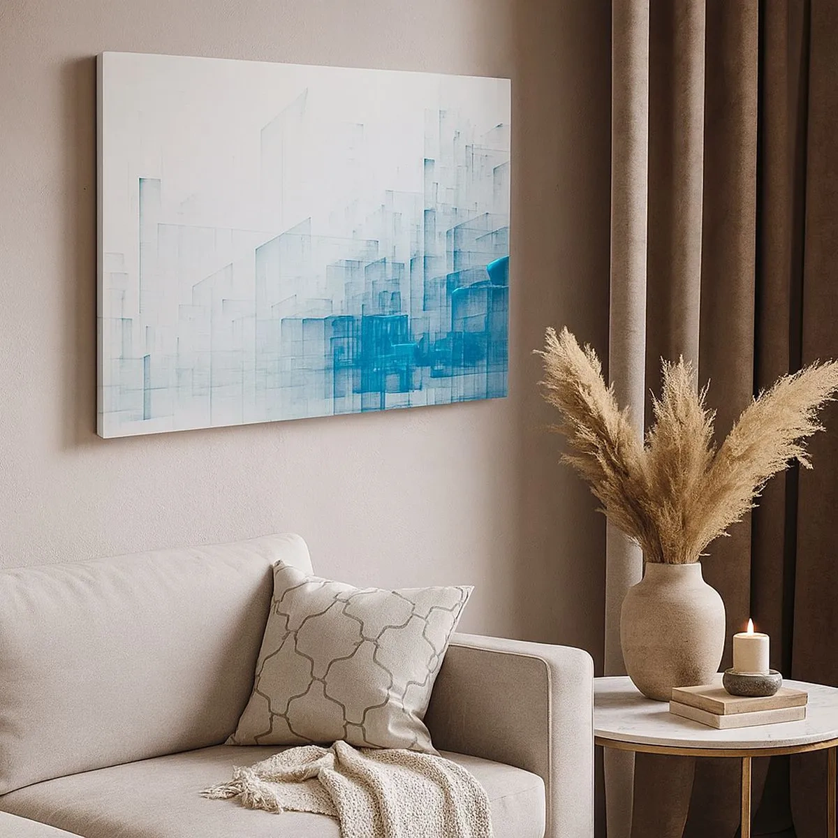 Obraz na płótnie - Abstrakcyjne kształty geometryczne w odcieniach błękitu - 70x50cm - Jak stała się przestrzeń - Nowoczesna dekoracja ścienna do salonu i sypialni ARTTOR