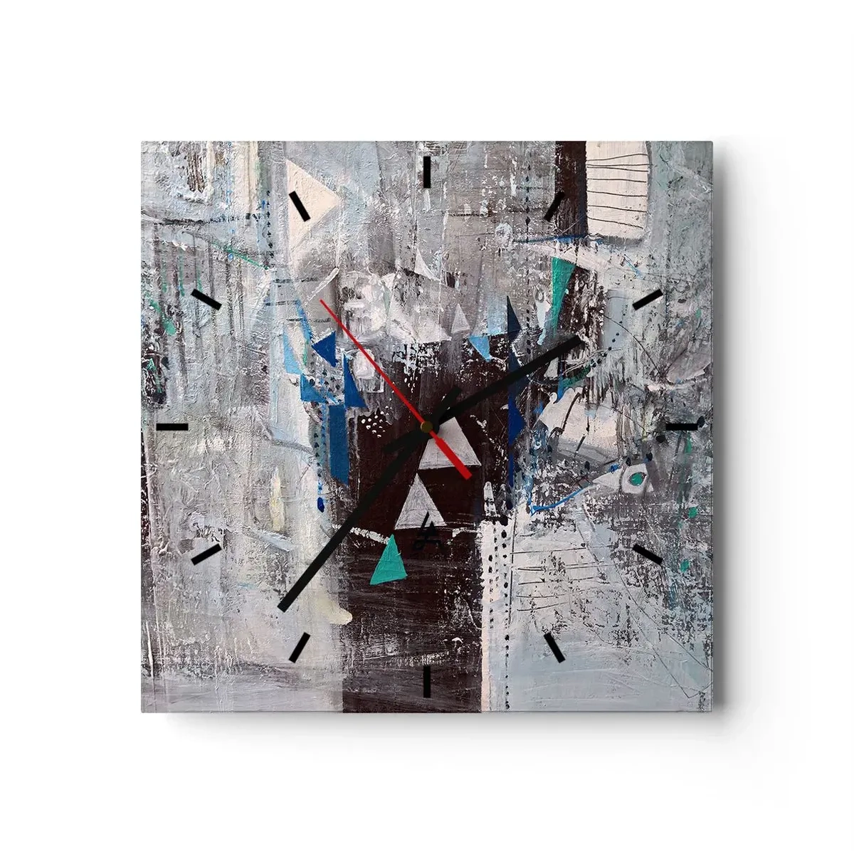 Zegar ścienny - Abstrakcyjna kompozycja z trójkątami i geometrycznymi wzorami - 30x30cm - Nadrzędny porządek trójkątów - Nowoczesna dekoracja ścienna do salonu i sypialni ARTTOR