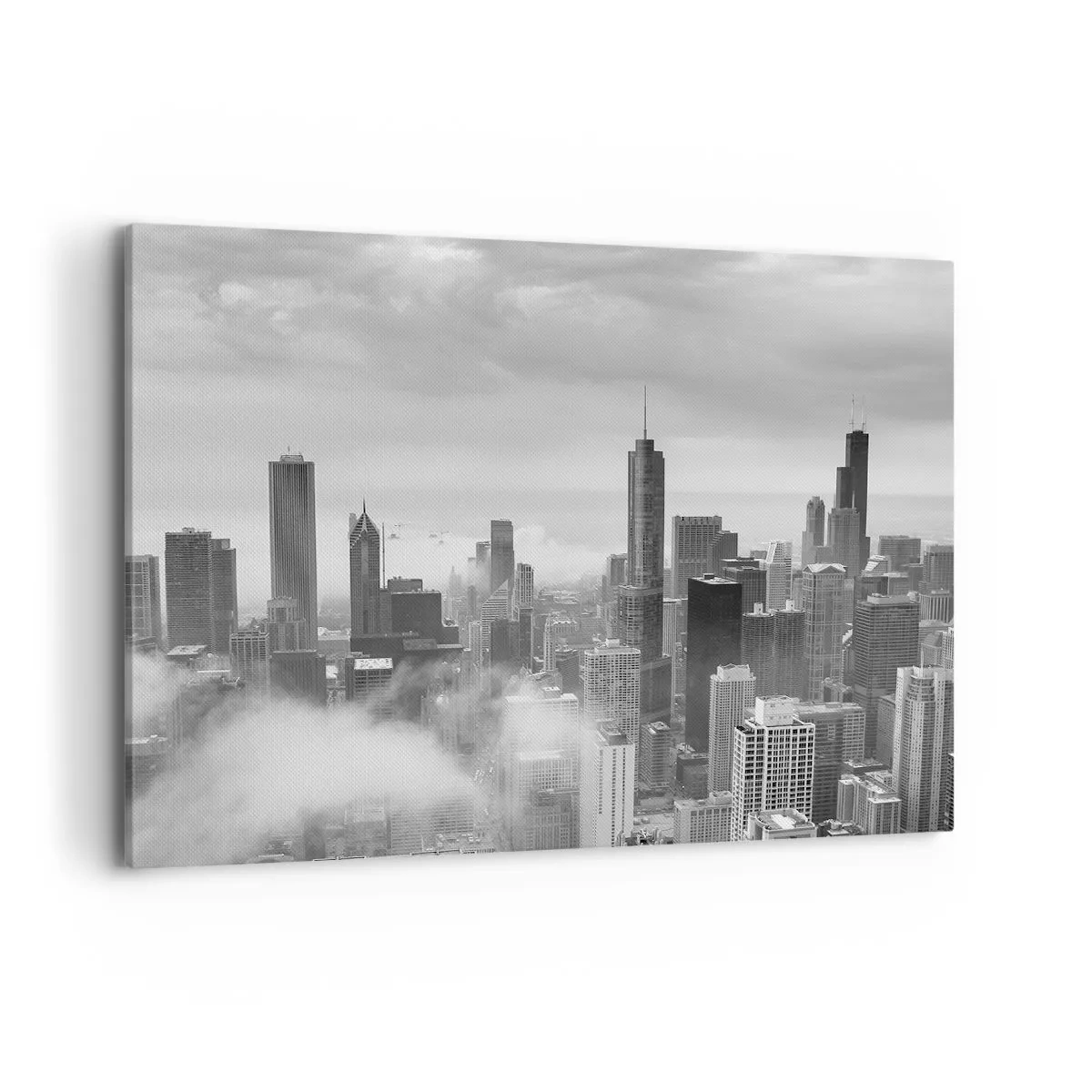 Obraz na płótnie - Panorama miasta z wieżowcami w chmurach w czerni i bieli - 100x70cm - Pejzaż amerykański - Nowoczesna dekoracja ścienna do salonu, kuchni i sypialni ARTTOR