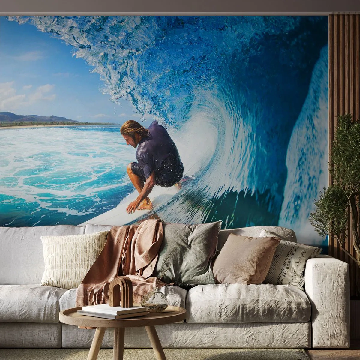 Fototapeta Premium Sand - Surfer w tubie fali na tle błękitnego oceanu i wybrzeża - 100x70cm - Tańczący z falami - Nowoczesna dekoracja ścienna do salonu, kuchni i sypialni ARTTOR