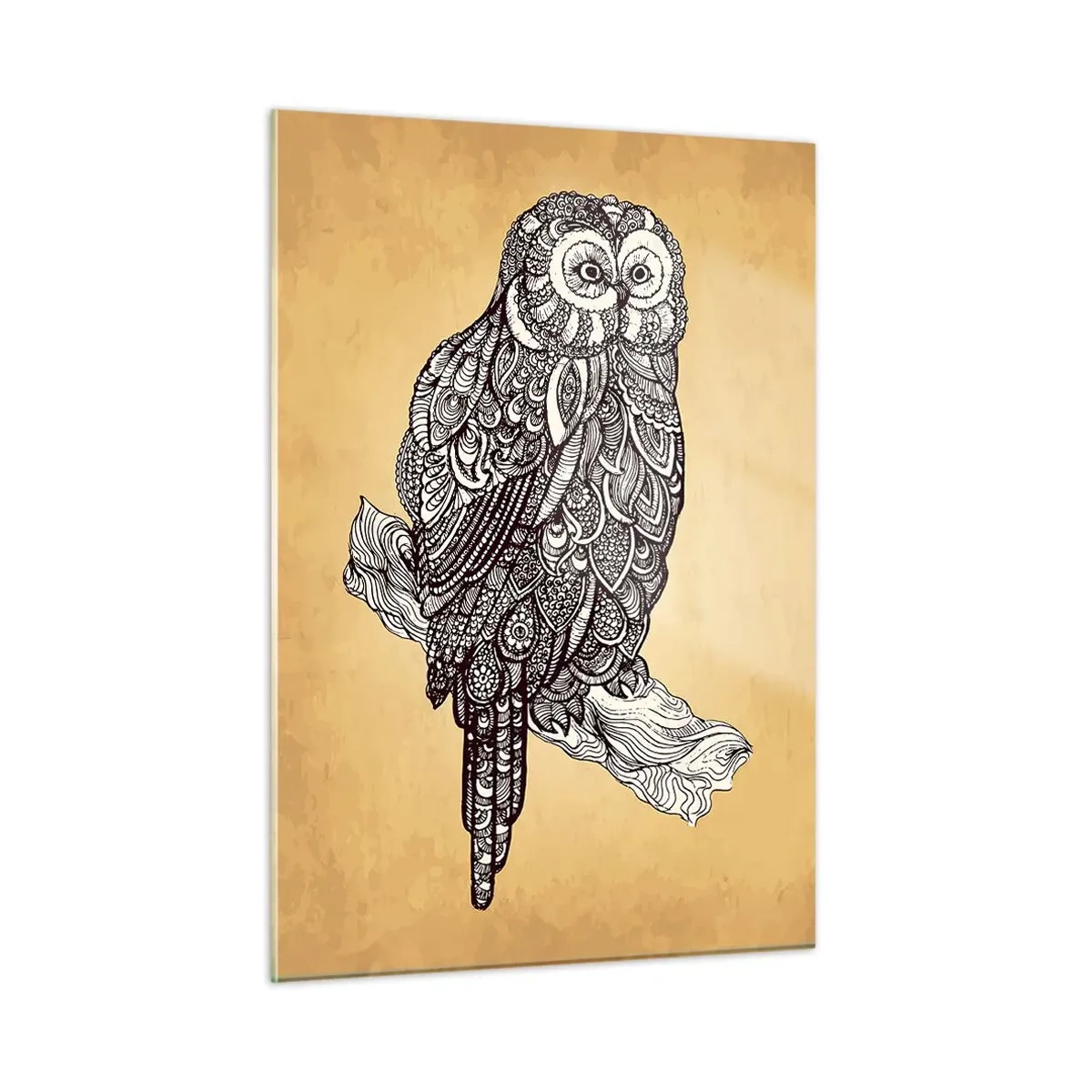 Obraz na szkle - Sowa w ornamentowym stylu na tle w kolorze sepii - 50x70cm - Misterne ornamenty mądrości - Nowoczesna dekoracja ścienna do salonu, kuchni i sypialni ARTTOR