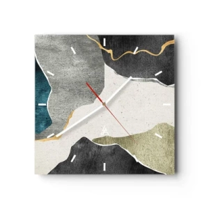 Zegar ścienny - Geometryczne formy w odcieniach szarości, zieleni i złota - 30x30cm - Mozaikowa kompozycja z nitką złota - Nowoczesna dekoracja ścienna do salonu i sypialni ARTTOR