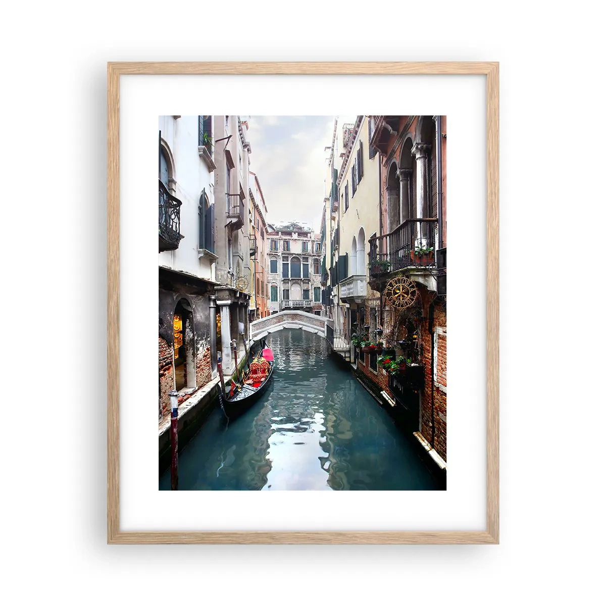 Plakat w ramie jasny dąb - Pejzaż wenecki z gondolą i mostkiem - 40x50 cm