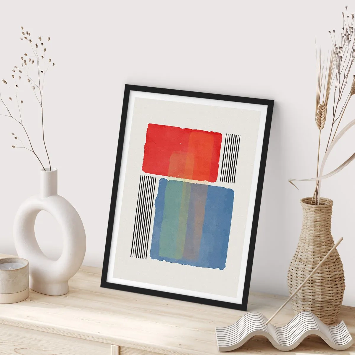 Plakat w czarnej ramie - Abstrakcyjna kompozycja z czerwonym i niebieskim prostokątem - 50x70cm - Duch i litera geometrii - Nowoczesna dekoracja ścienna do salonu i sypialni ARTTOR