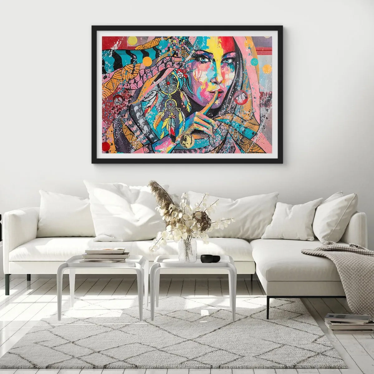 Plakat w czarnej ramie - Kolorowa kobieca twarz w artystycznym stylu - 100x70cm - Milcz, aż zrozumiesz - Nowoczesna dekoracja ścienna do salonu i sypialni ARTTOR