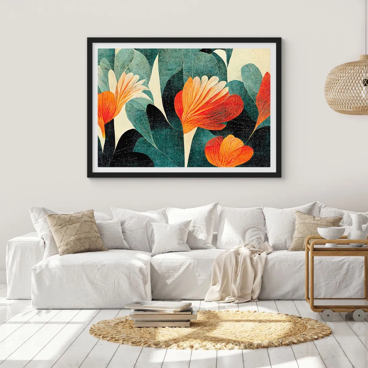 Plakat w czarnej ramie - Kwiaty w intensywnych odcieniach pomarańczu i zieleni - 70x50cm - Żar tropików i chłód zieleni - Nowoczesna dekoracja ścienna do salonu i sypialni ARTTOR