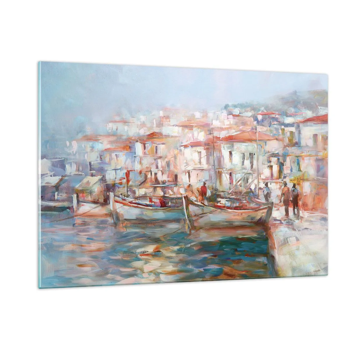 Obraz na szkle - Malowniczy port z łodziami w pastelowej kolorystyce - 120x80cm - Pastelowe wakacje - Nowoczesna dekoracja ścienna do salonu, kuchni i sypialni ARTTOR