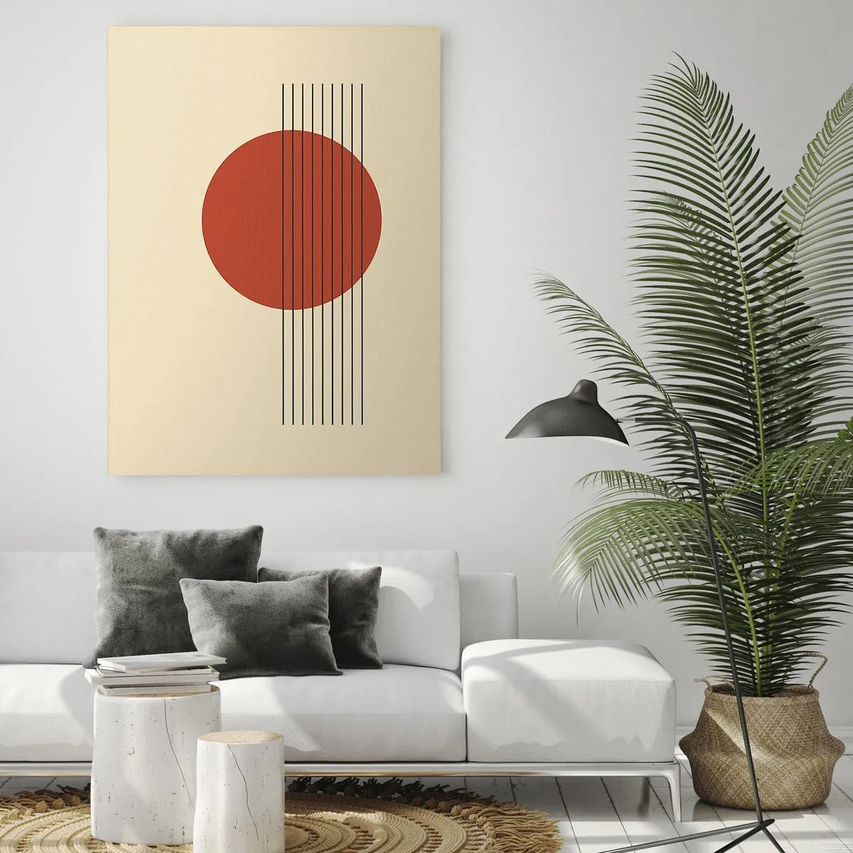 Obraz na szkle - Minimalistyczna grafika z czerwonym kołem i liniami - 50x70cm - W koło i dalej - Nowoczesna dekoracja ścienna do salonu, kuchni i sypialni ARTTOR