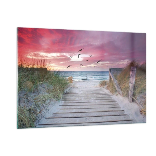 Obraz na szkle - Ścieżka na plażę o zachodzie słońca z lecącymi ptakami - 120x80cm - Bałtycka impresja - Nowoczesna dekoracja ścienna do salonu, kuchni i sypialni ARTTOR