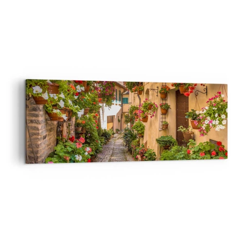 Obraz na płótnie - Urokliwa uliczka pełna kwiatów i doniczek - 140x50cm - Włoski zaułek - Nowoczesna dekoracja ścienna do salonu i sypialni ARTTOR