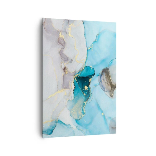 Obraz na płótnie - Abstrakcja w odcieniach błękitu i złota z subtelnymi liniami - 70x100cm - Studium spotkania szarości z turkusem - Nowoczesna dekoracja ścienna do salonu i sypialni ARTTOR