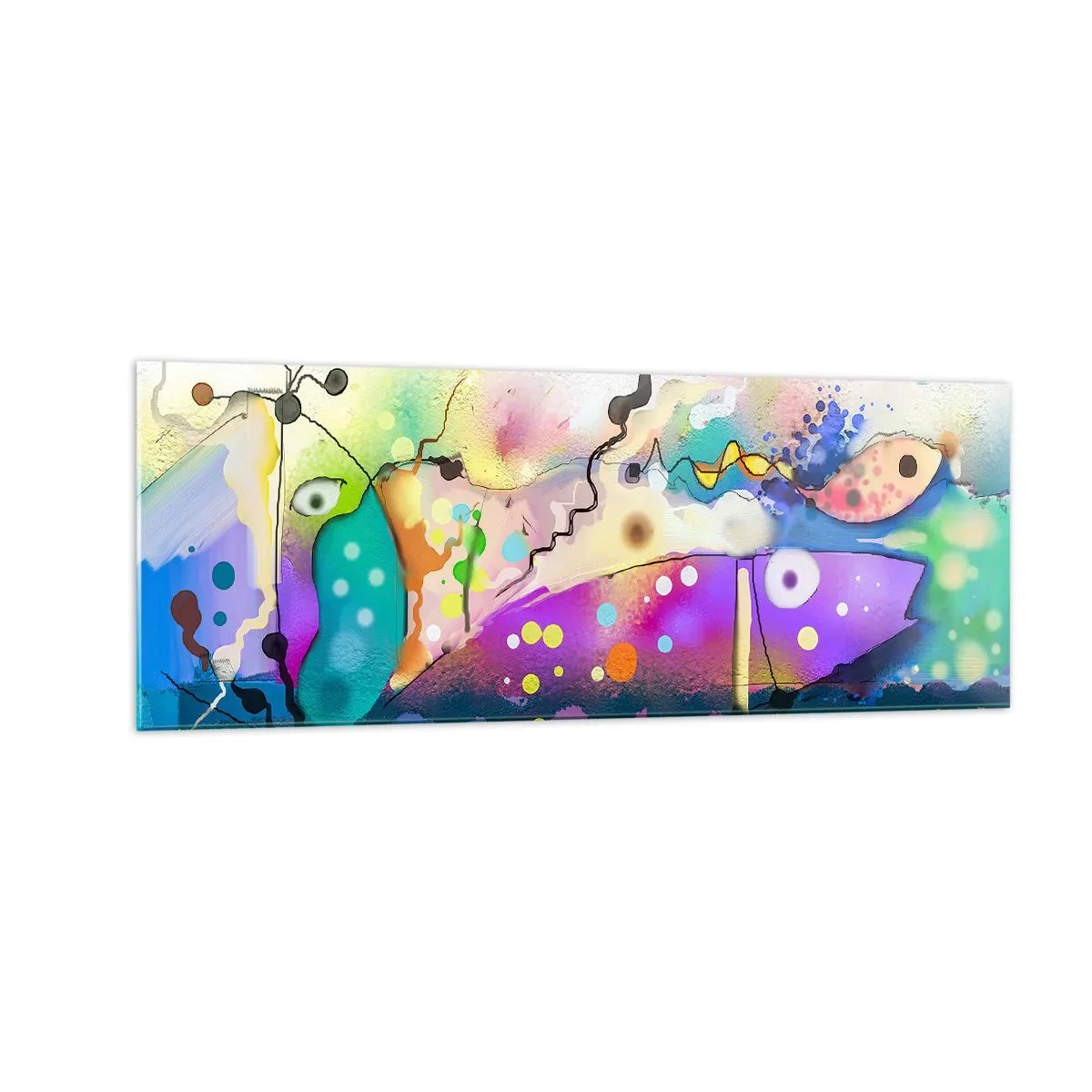 Obraz na szkle - Abstrakcyjne ryby w kolorowej, surrealistycznej kompozycji - 140x50cm - Brak słów! - Nowoczesna dekoracja ścienna do salonu i sypialni ARTTOR