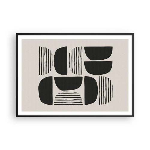Plakat w czarnej ramie - Geometria z półkolami i liniami w czerni na jasnym tle - 100x70cm - Połowiczne układy - Nowoczesna dekoracja ścienna do salonu i sypialni ARTTOR