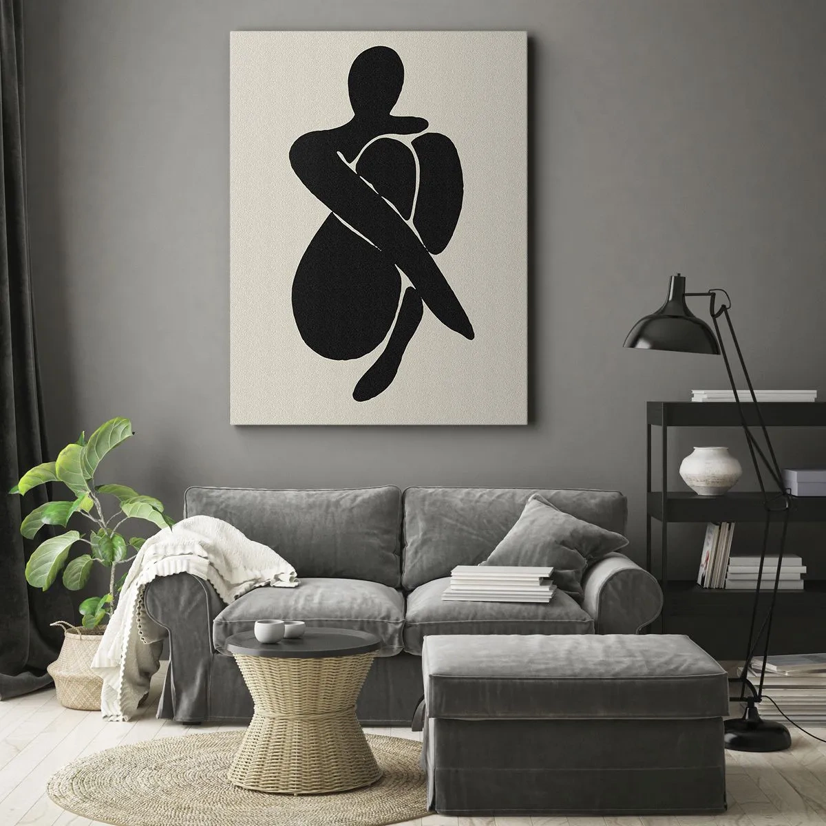 Obraz na płótnie - Minimalistyczna sylwetka osoby w abstrakcyjnej pozie na jasnym tle - 80x120cm - We własnych objęciach - Nowoczesna dekoracja ścienna do salonu i sypialni ARTTOR