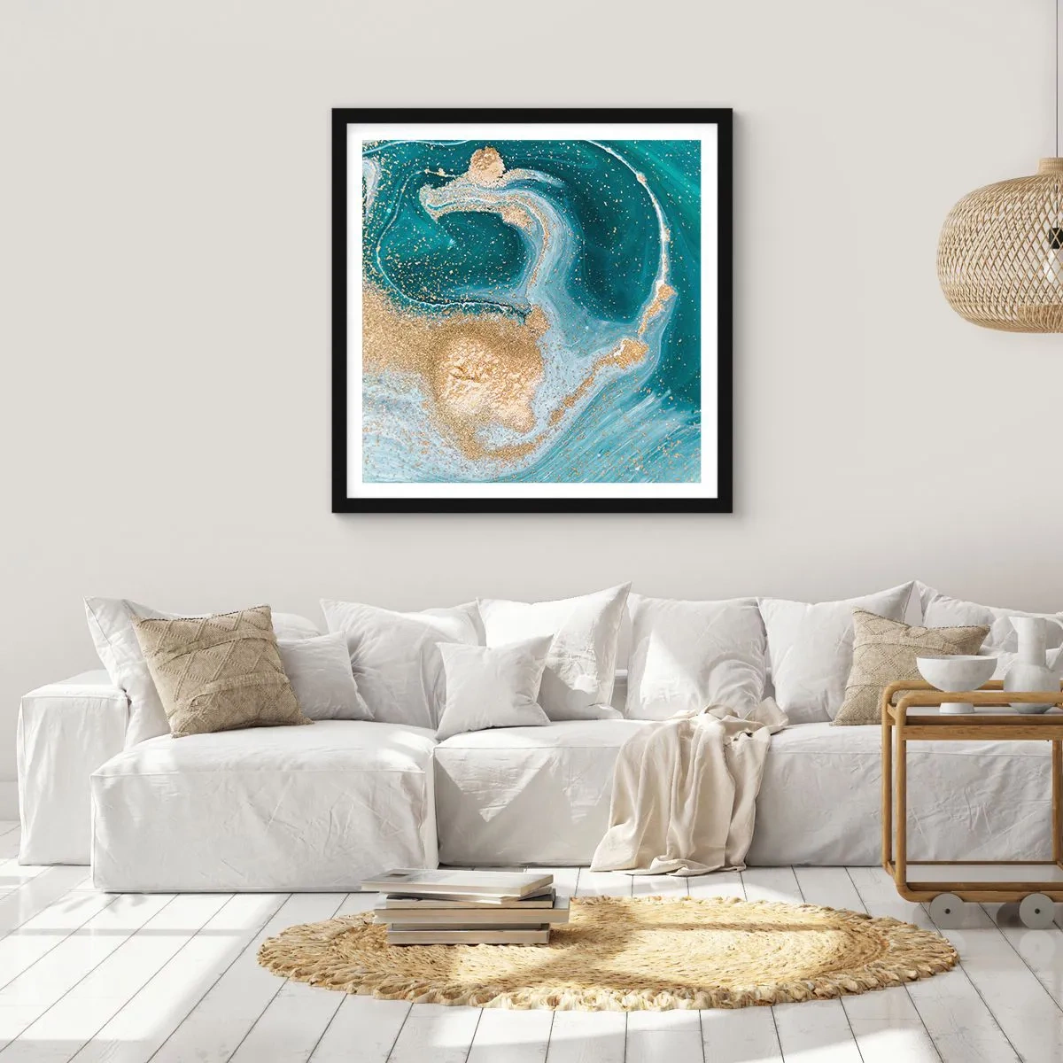 Plakat w czarnej ramie - Wir złota i turkusu - 50x50 cm