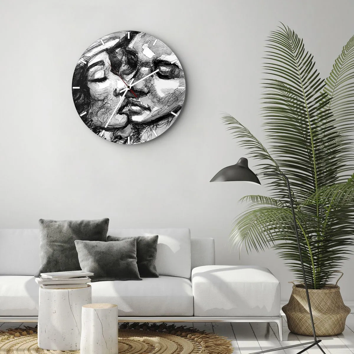 Zegar ścienny - Czarno-biały szkic całującej się pary - 30x30cm - Czuła chwila - Nowoczesna dekoracja ścienna do salonu, kuchni i sypialni ARTTOR