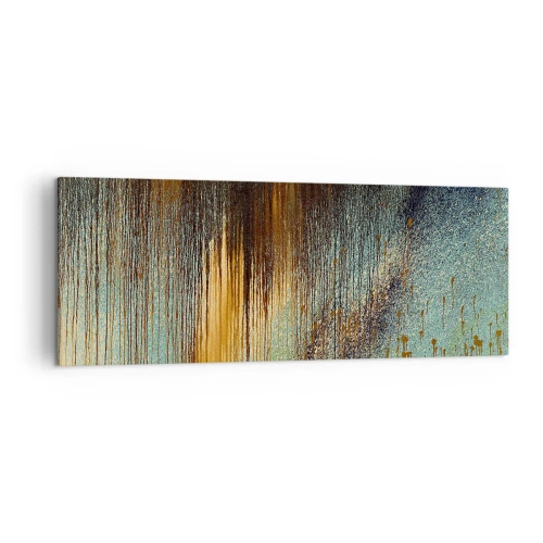 Obraz na płótnie - Abstrakcyjna kompozycja barw w odcieniach złota, brązu i błękitu - 140x50cm - Nieprzypadkowa barwna kompozycja - Nowoczesna dekoracja ścienna do salonu i sypialni ARTTOR