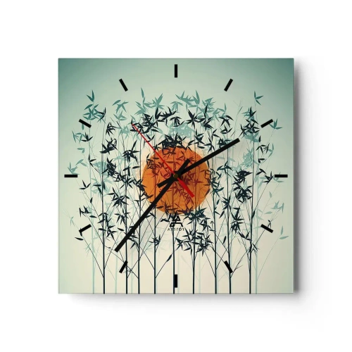 Zegar ścienny - Pomarańczowe słońce wśród bambusowych gałęzi - 30x30cm - Japońskie słońce - Nowoczesna dekoracja ścienna do salonu i sypialni ARTTOR