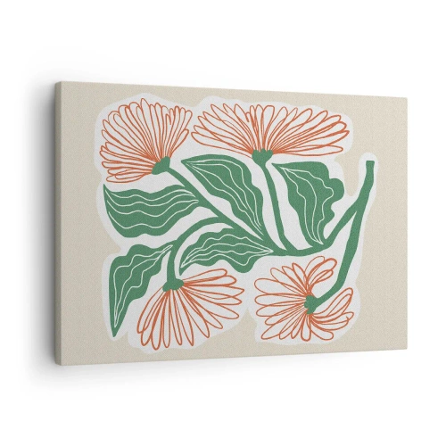 Obraz na płótnie - Rysunek kwiatów w stylu minimalistycznym z zielonymi liśćmi - 70x50cm - Ludowe i nowoczesne - Nowoczesna dekoracja ścienna do salonu i sypialni ARTTOR