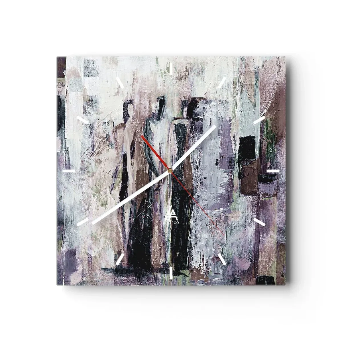 Zegar ścienny - Abstrakcyjna kompozycja z trzema postaciami w pastelowych barwach - 30x30cm - Tajemnicza trójka - Nowoczesna dekoracja ścienna do salonu i sypialni ARTTOR