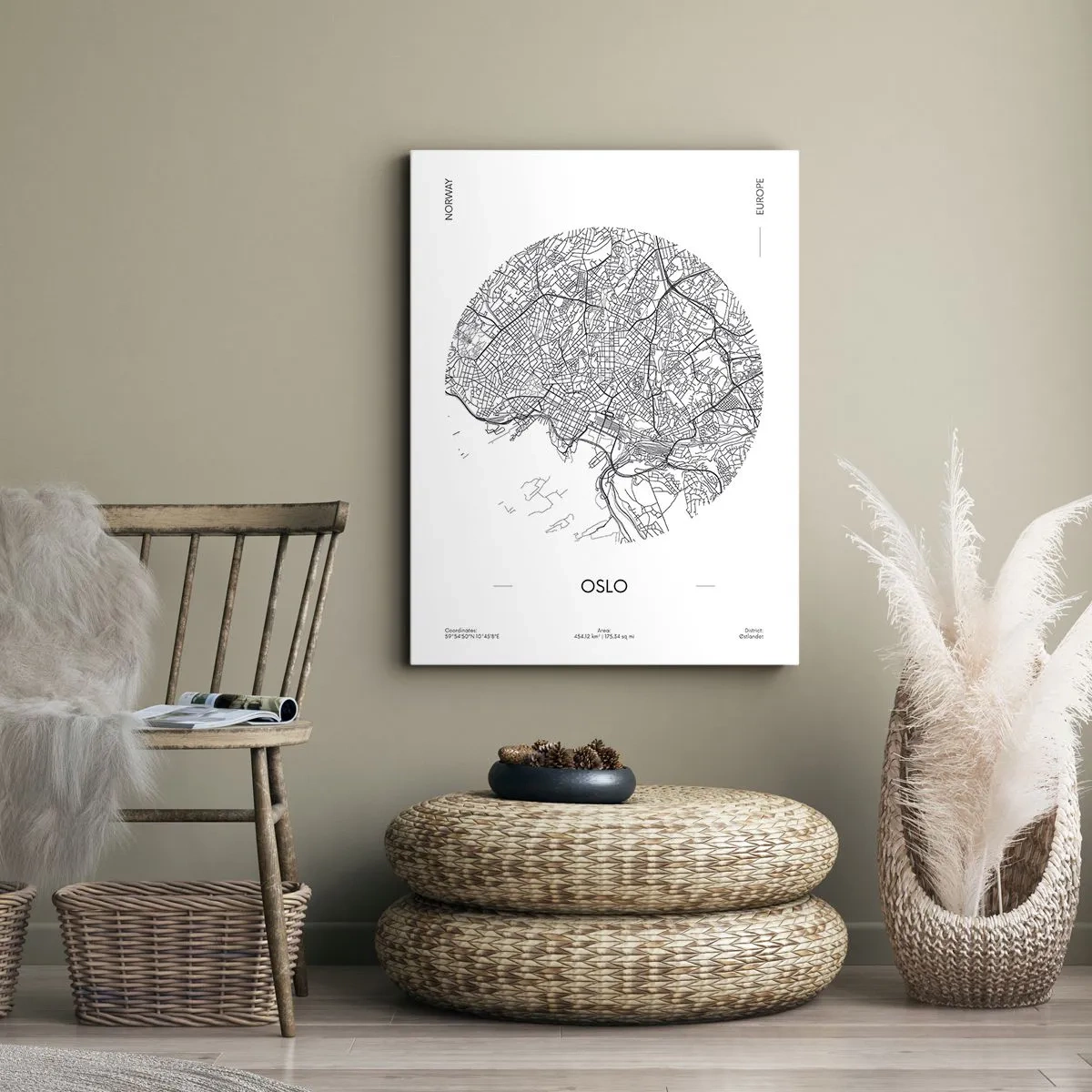 Obraz na płótnie - Mapa Oslo w minimalistycznym, czarno-białym stylu - 70x100cm - Anatomia Oslo - Nowoczesna dekoracja ścienna do salonu i sypialni ARTTOR