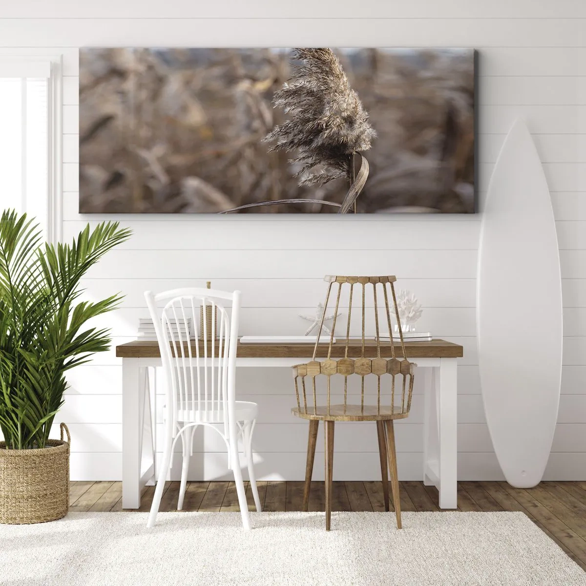 Obraz na płótnie - Delikatne trawy w odcieniach beżu na tle natury - 160x50cm - Czas odlecieć z wiatrem - Nowoczesna dekoracja ścienna do salonu i sypialni ARTTOR