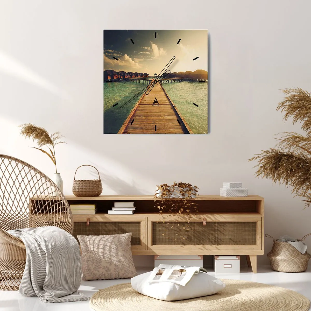 Zegar ścienny - Drewniany pomost prowadzący do domków na wodzie oświetlonych promieniami słońca - 30x30cm - Gorące zaproszenie - Nowoczesna dekoracja ścienna do salonu i sypialni ARTTOR