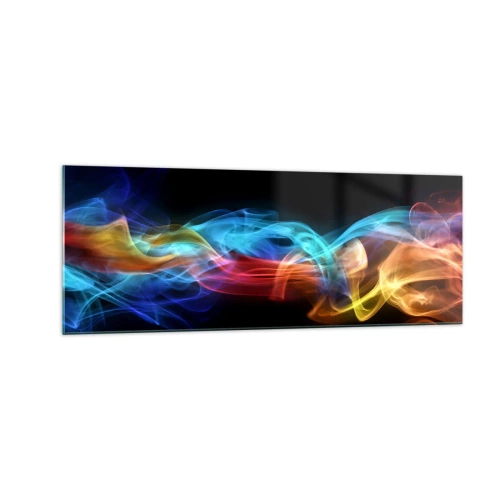 Obraz na szkle - Kolorowy dym na czarnym tle - 140x50cm - Tęczowy taniec mgieł - Nowoczesna dekoracja ścienna do salonu i sypialni ARTTOR