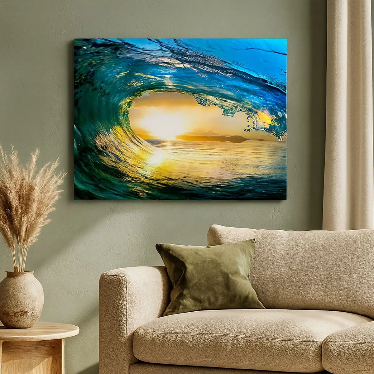 Obraz na płótnie - Fala oceaniczna w słońcu z widokiem na horyzont - 70x50cm - W szmaragdowo-złotym krysztale - Nowoczesna dekoracja ścienna do salonu i sypialni ARTTOR