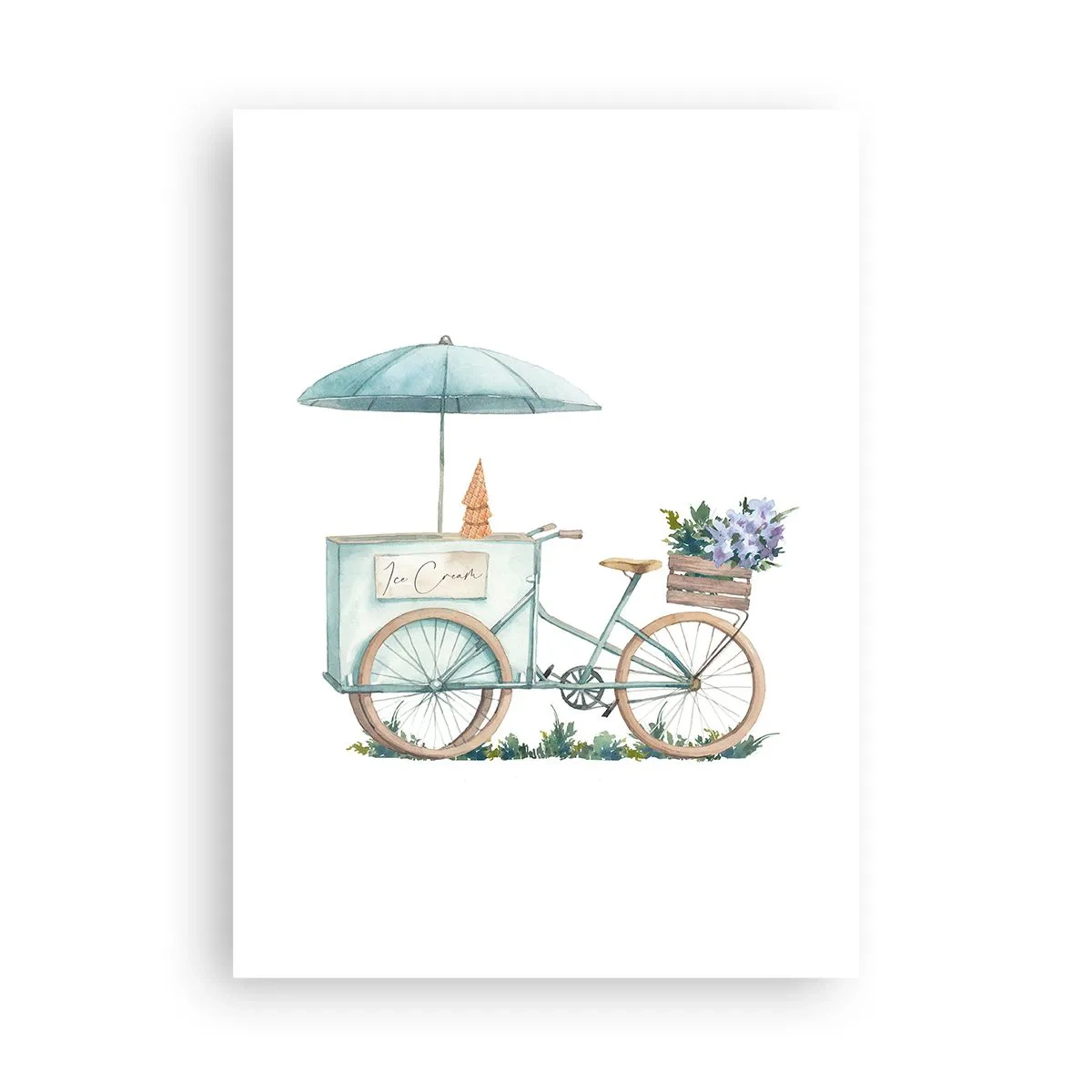 Plakat - Akwarelowa ilustracja roweru z lodami i kwiatami - 50x70cm - Słodkie wspomnienie lata - Nowoczesna dekoracja ścienna do salonu, kuchni i sypialni ARTTOR