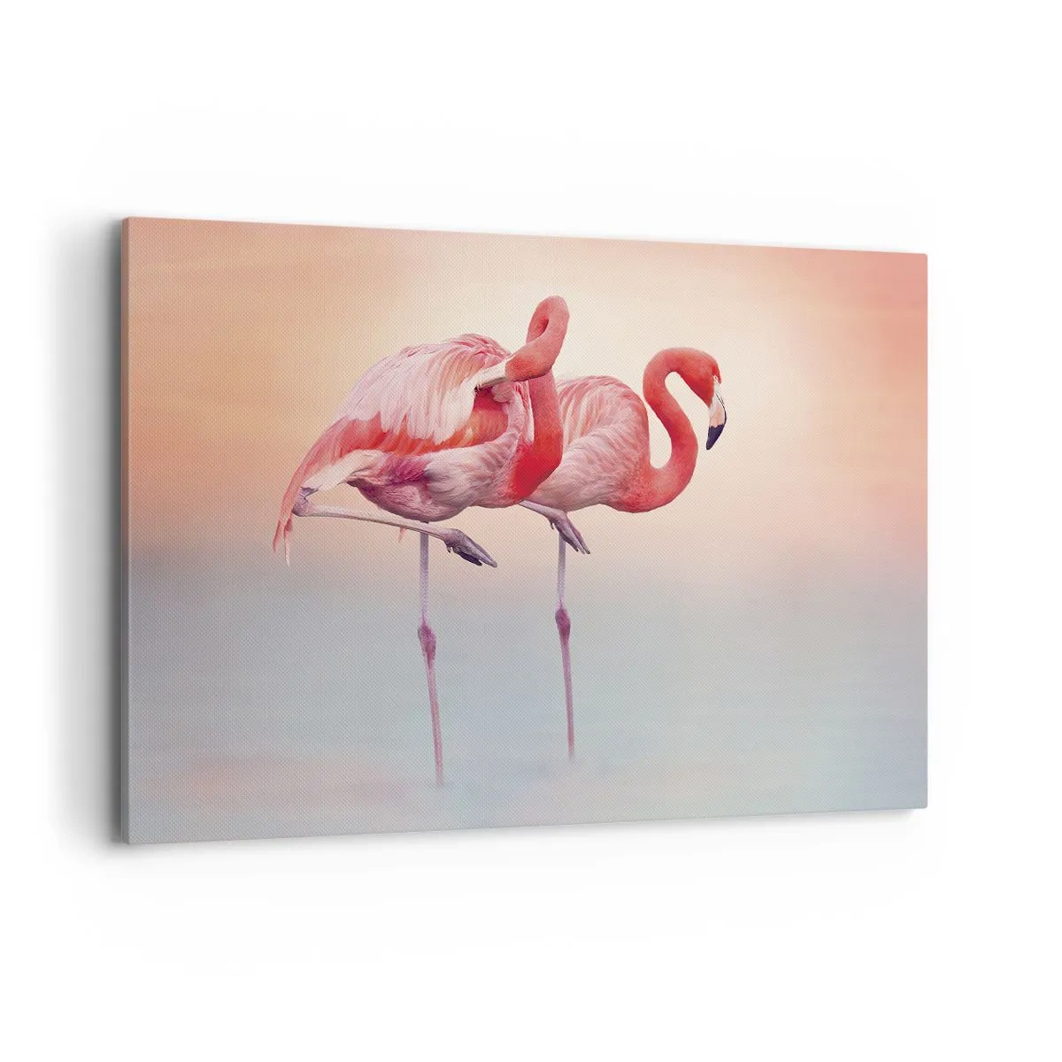 Obraz na płótnie - Flamingi w delikatnych pastelowych barwach na wodnym tle - 120x80cm - W kolorze zachodzącego słońca - Nowoczesna dekoracja ścienna do salonu, kuchni i sypialni ARTTOR