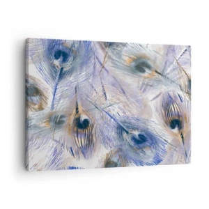 Obraz na płótnie - Wzór z piórami pawia w odcieniach błękitu i złota - 70x50cm - Pawiooka kompozycja - Nowoczesna dekoracja ścienna do salonu i sypialni ARTTOR