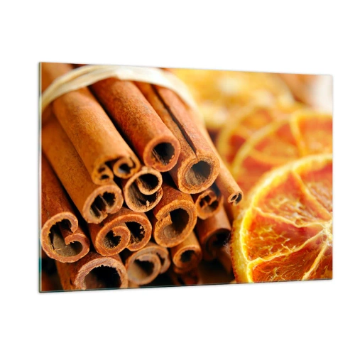 Obraz na szkle - Laski cynamonu i suszone plastry pomarańczy w zbliżeniu - 120x80cm - Czujesz ich aromat? - Nowoczesna dekoracja ścienna do salonu, kuchni i sypialni ARTTOR