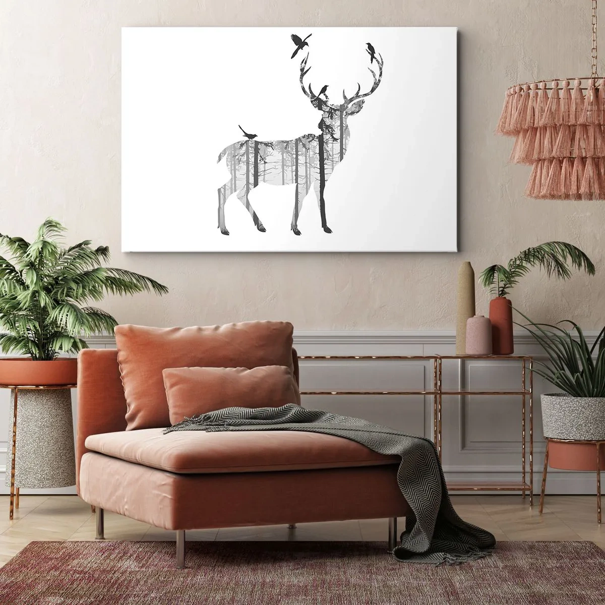 Obraz na płótnie - Sylwetka jelenia z lasem i ptakami - 120x80cm - Dobry duch lasu - Nowoczesna dekoracja ścienna do salonu, kuchni i sypialni ARTTOR