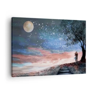 Obraz na płótnie - Romantyczna scena pary pod pełnią księżyca - 70x50cm - Gwiaździsty spektakl - Nowoczesna dekoracja ścienna do salonu i sypialni ARTTOR