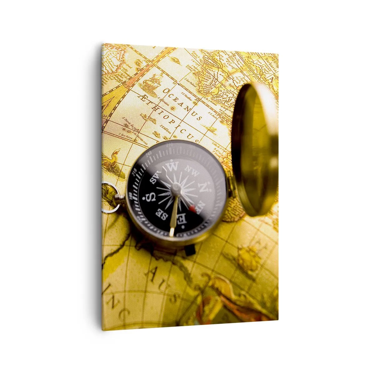 Obraz na płótnie - Zabytkowy kompas na tle starej mapy świata - 70x100cm - A może na kraniec świata? - Nowoczesna dekoracja ścienna do salonu i sypialni ARTTOR